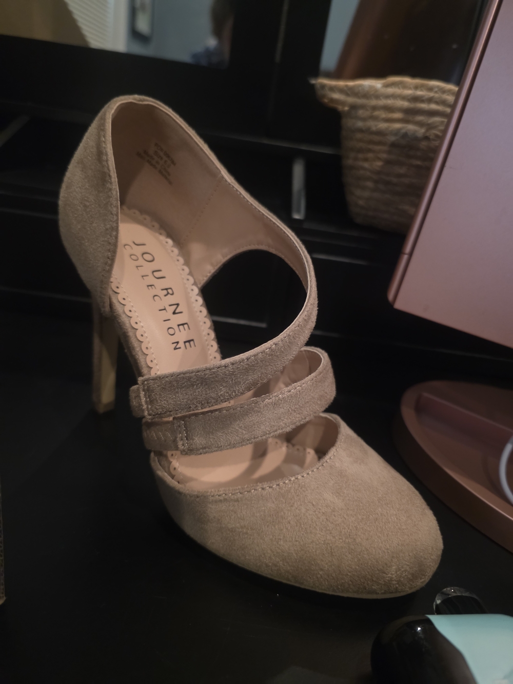 Journee Collection Taupe Suede Strappy Pointed-Toe Pump